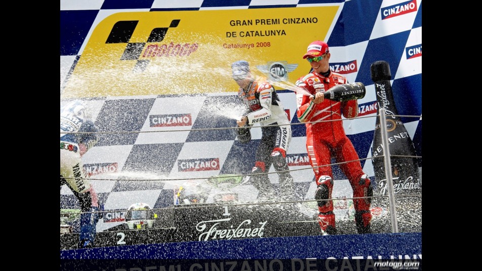 Pedrosa, Rossi and Stoner celebrating the podium at Catalunya
