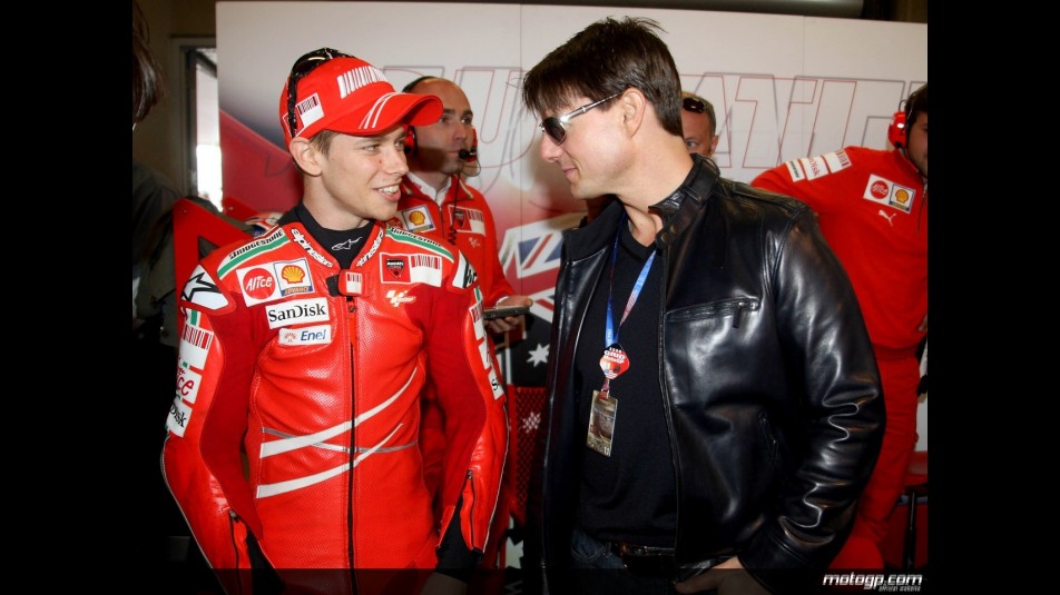 Tom Cruise and Casey Stoner in the Ducati Marlboro garage at the Red Bull U.S. Grand Prix