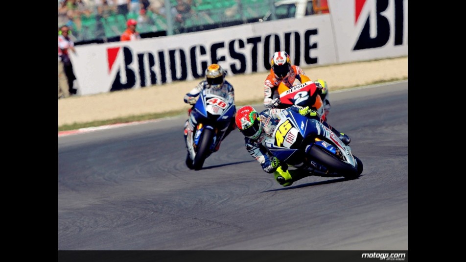 Valentino Rossi riding ahead of Lorenzo and Pedrosa in Misano (MotoGP)