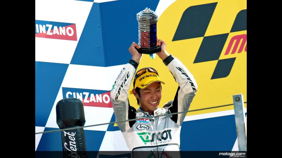 Yuki Takahashi on the podium at Misano (250cc)