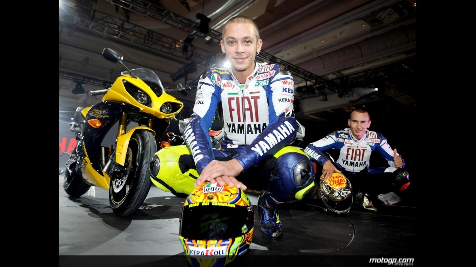 Valentino Rossi and Jorge Lorenzo at R1 launch in Las Vegas