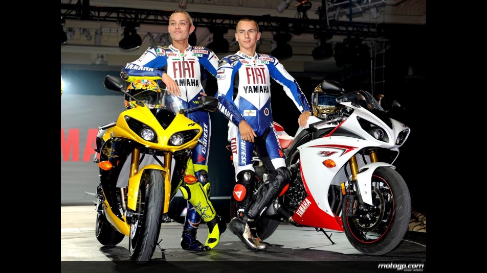 Valentino Rossi and Jorge Lorenzo at R1 launch in Las Vegas