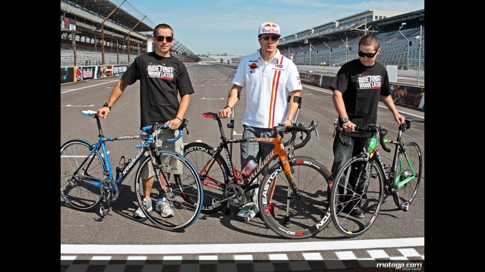 Tommy, Nicky and Roger Lee Hayden show off their Specialized bikes at the Indianapolis Motor Speedway