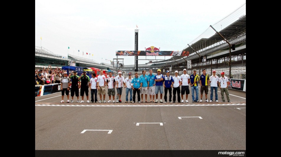 2008 MotoGP riders line-up gathered on the IMS Brickyard