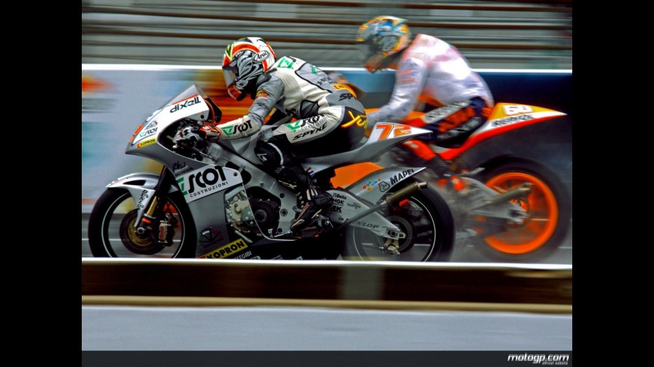 Yuki Takahashi riding side-by-side with Julián Simón in practice at Indianapolis
