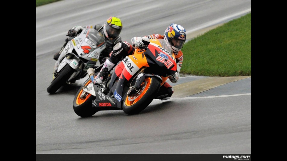 Nicky Hayden riding ahead of Andrea Dovizioso at Indianapolis