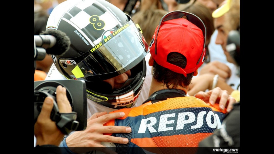 Rossi and Pedrosa in the parc fermé after title-deciding Japanese GP