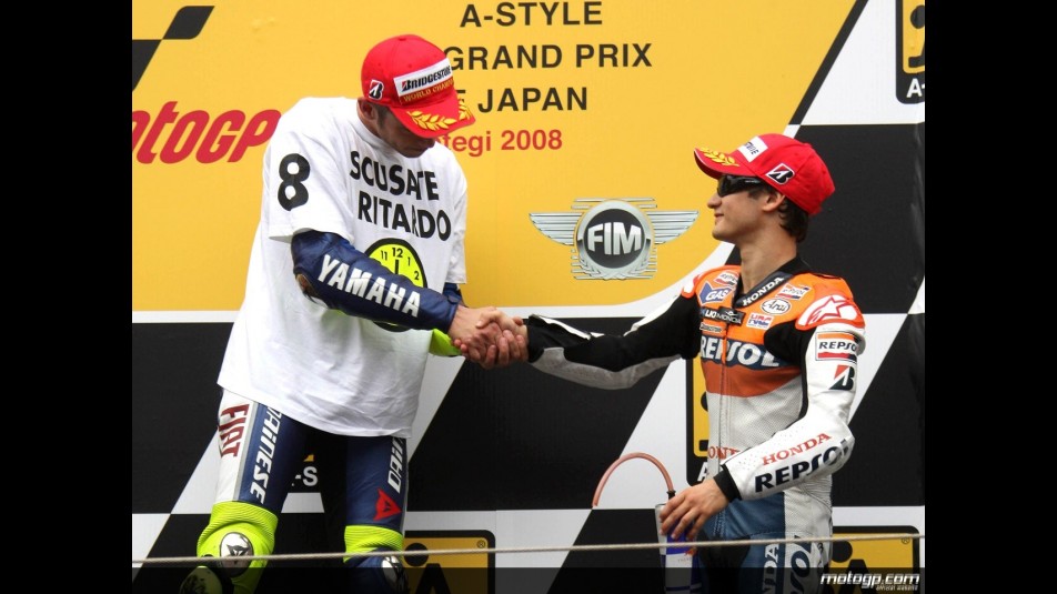 Valentnino Rossi and Dani Pedrosa on the podium at Motegi
