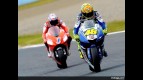 Valentino Rossi riding ahead of Casey Stoner in Motegi