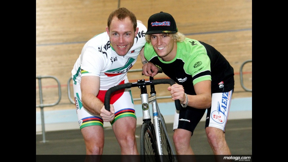 Shane Kelly and Anthony West enjoy at the Melbourne Velodrome
