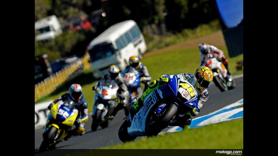 Valentino Rossi riding ahead of MotoGP group at Phillip Island