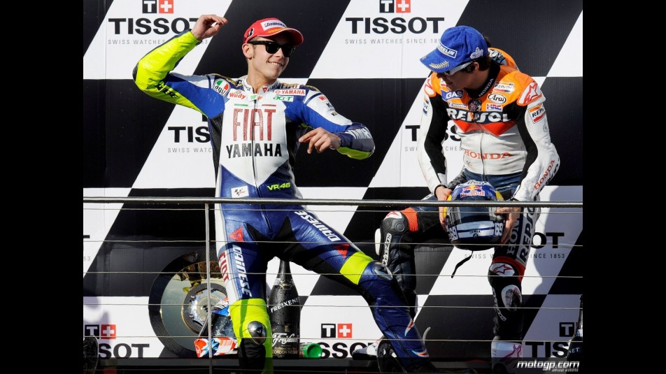 Valentino Rossi and Nicky Hayden on the podium at Phillip Island