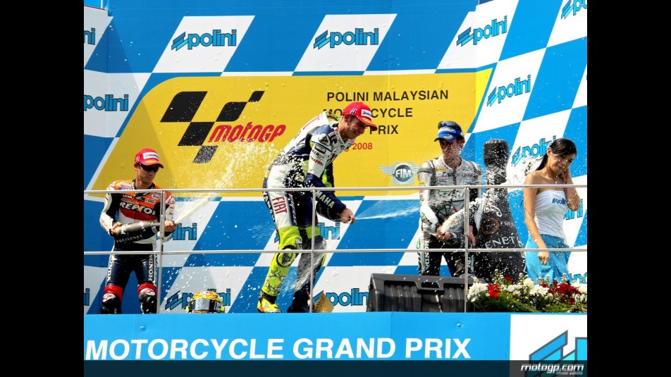 Dani Pedrosa, Valentino Rossi and Andrea Dovizioso celebrate podium in Sepang