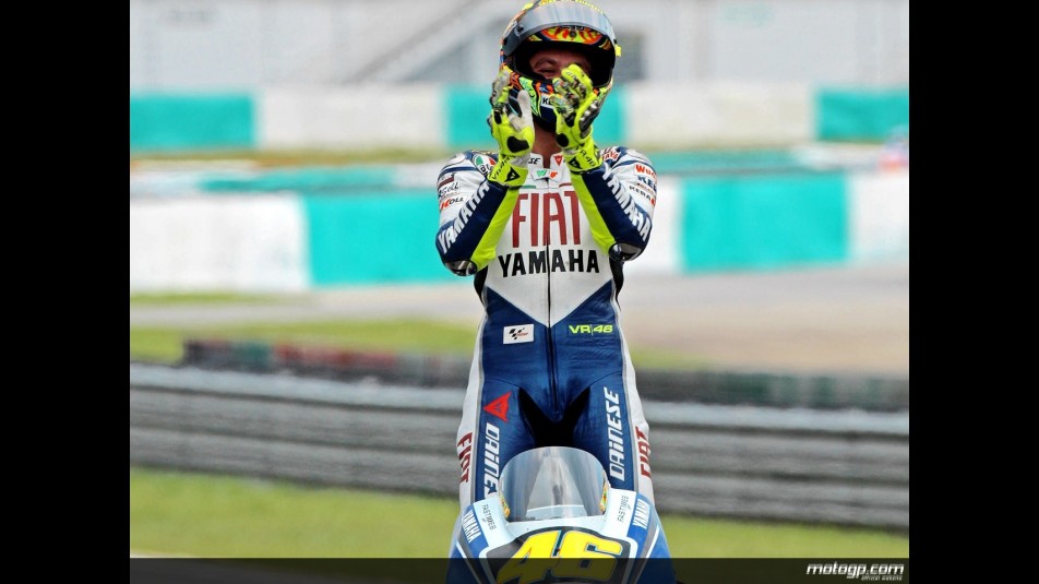 Valentino Rossi celebrates victory after the race in Sepang
