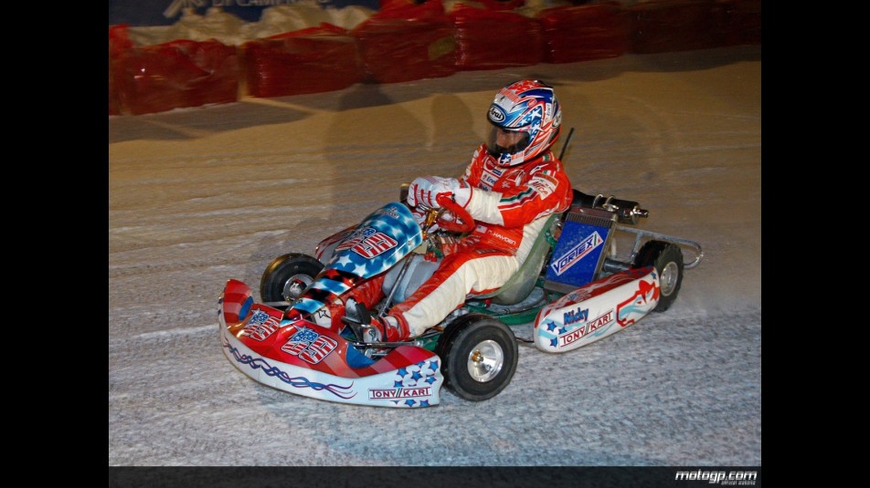 Nicky Hayden enjoys ice kart race at Ducati 2009 Wrooom event