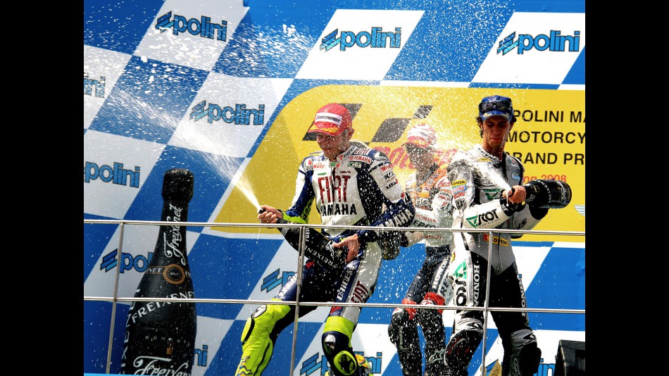 Valentino Rossi, Dani Pedrosa and Andrea Dovizioso celebrating podium at Sepang