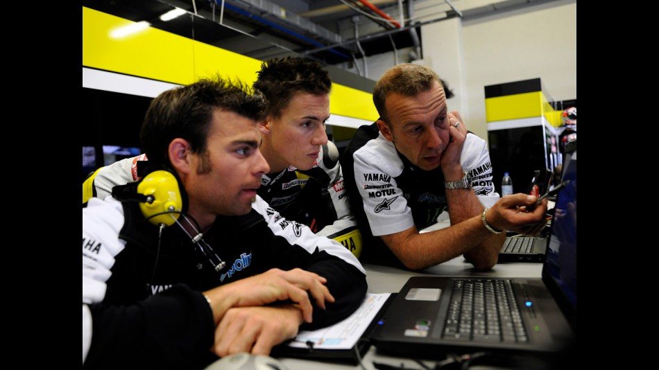 James Toseland in the Monster Yamaha Tech 3 garage with his crew