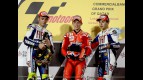 Valentino Rossi, Casey Stoner and Jorge Lorenzo on the podium at Qatar