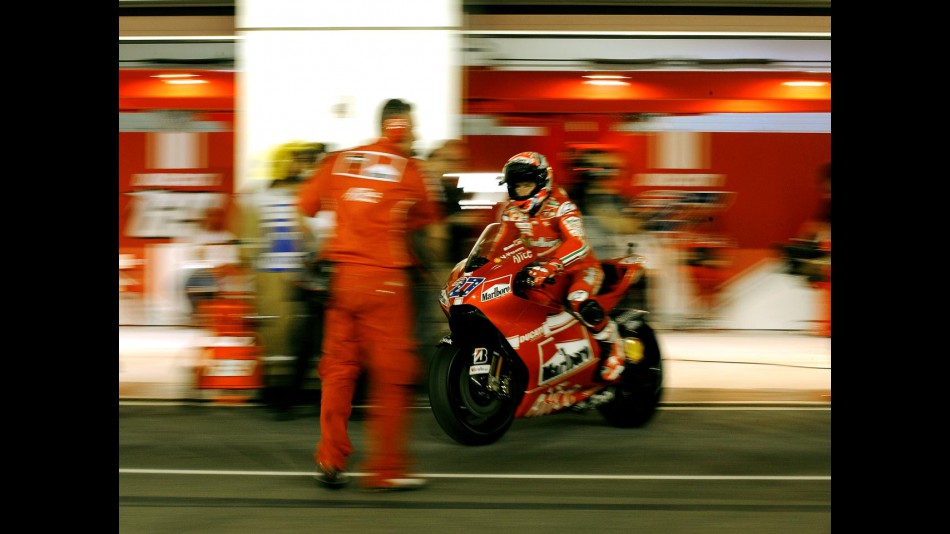 Casey Stoner leaving the Ducati garage