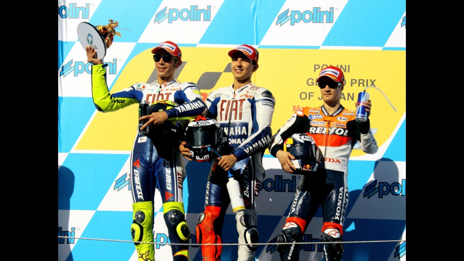 Valentino Rossi, Jorge Lorenzo and Dani Pedrosa on the podium at Motegi