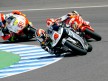 Hiroshi Aoyama riding ahead of Alvaro Bautista and Marco Simoncelli during 250cc race in jerez