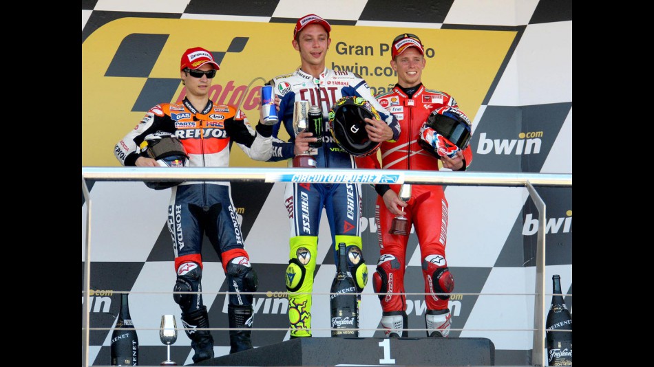 Dani Pedrosa, Valentino Rossi and Casey Stoner on the Podium at Jerez