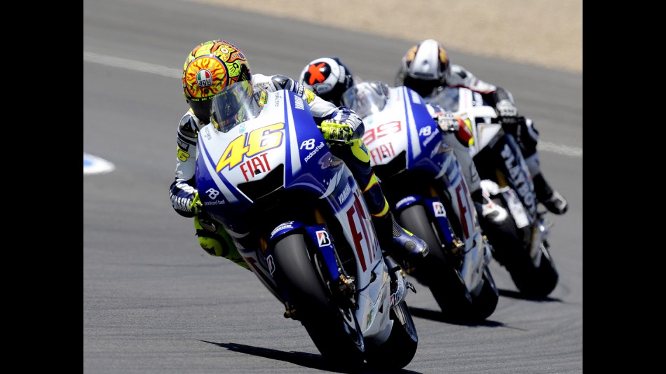 Valentino Rossi riding ahead of Jorge Lorenzo and Randy de Puniet  during MotoGP race in Jerez