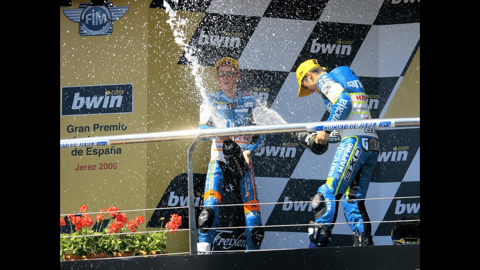 Bradley Smith and Sergio Gadea on the podium at Jerez