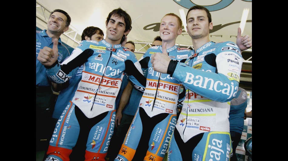 Julian Simon, Bradley Smith and Sergio Gadea in the Bancaja Aspar Team garage