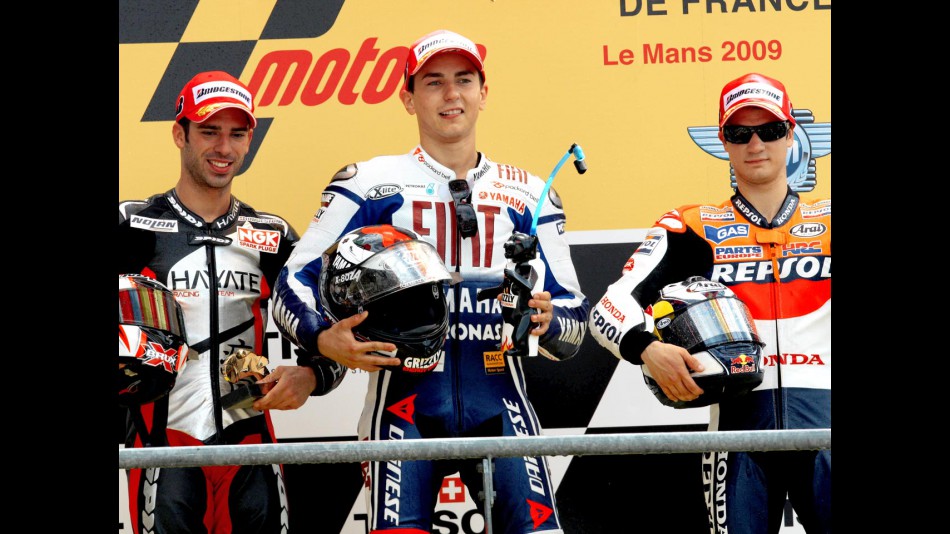 Marco Melandri, Jorge Lorenzo and Dani Pedrosa on th Podium at Le Mans