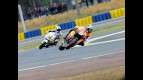 Dani Pedrosa riding ahead of Randy de Puniet in Le Mans