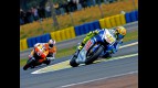 Valentino Rossi riding ahead of Andrea Dovizioso in Le Mans