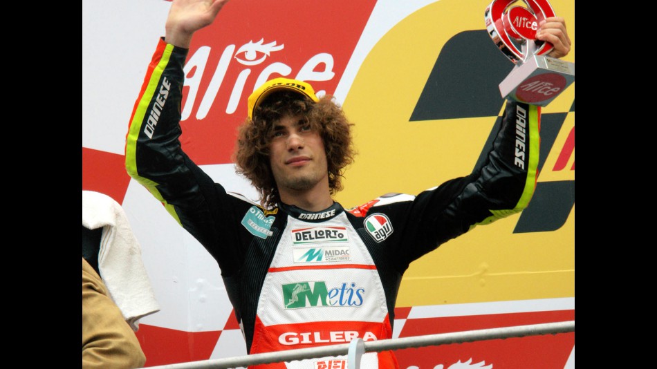 Marco Simoncelli on the podium at Mugello