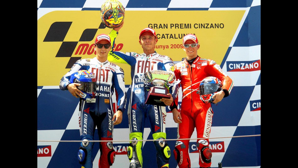Jorge Lorenzo, Valentino Rossi and Casey Stoner on the podium at Montmeló