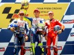 Jorge Lorenzo, Valentino Rossi and Casey Stoner on the podium at Montmeló