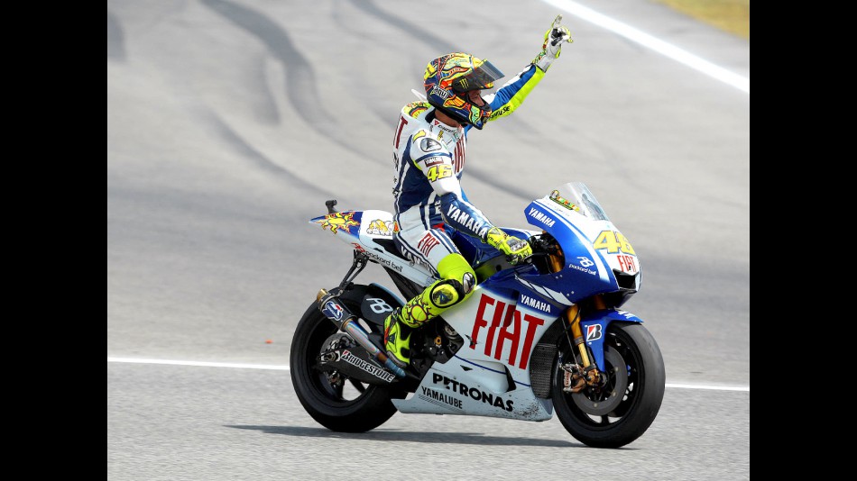 Valentino Rossi celebrates win in Catalunya