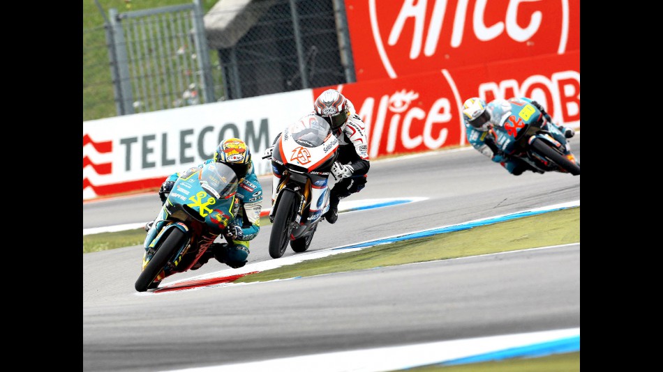 Sergio Gadea riding ahead of Nico Terol and Julian Simon in Assen