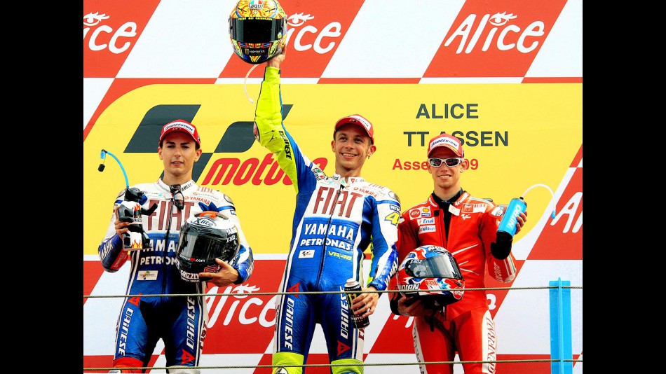 Jorge Lorenzo, Valentino ROssi and Casey Stoner on the podium in Assen