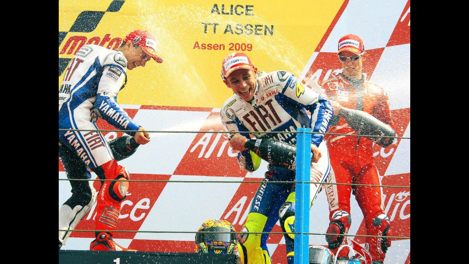 Valentino Rossi, Jorge Lorenzo and Casey Stoner celebrating podium in Assen