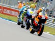 Dani Pedrosa riding ahead of Valentino Rossi and Chris Vermeulen at the start of the race in Assen