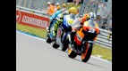 Dani Pedrosa riding ahead of Valentino Rossi and Chris Vermeulen at the start of the race in Assen