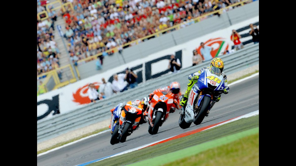 Valentino Rossi riding ahead of MotoGP group in Assen