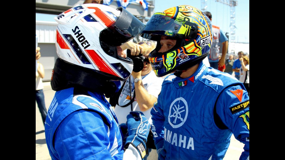 Wayne Rainey and Valentino Rossi in SuperKart action at Laguna
