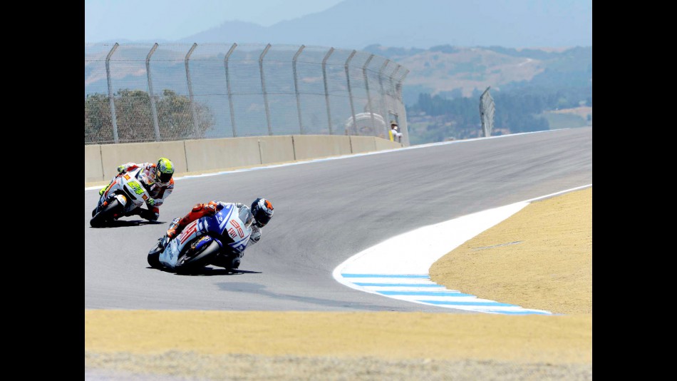 Jorge Lorenzo riding ahead of Toni Elias at the Red Bull U.S. Grand Prix