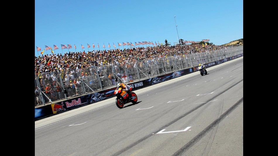 Dani Pedrosa riding ahead of Valentino Rossi at the Red Bull U.S. Grand Prix