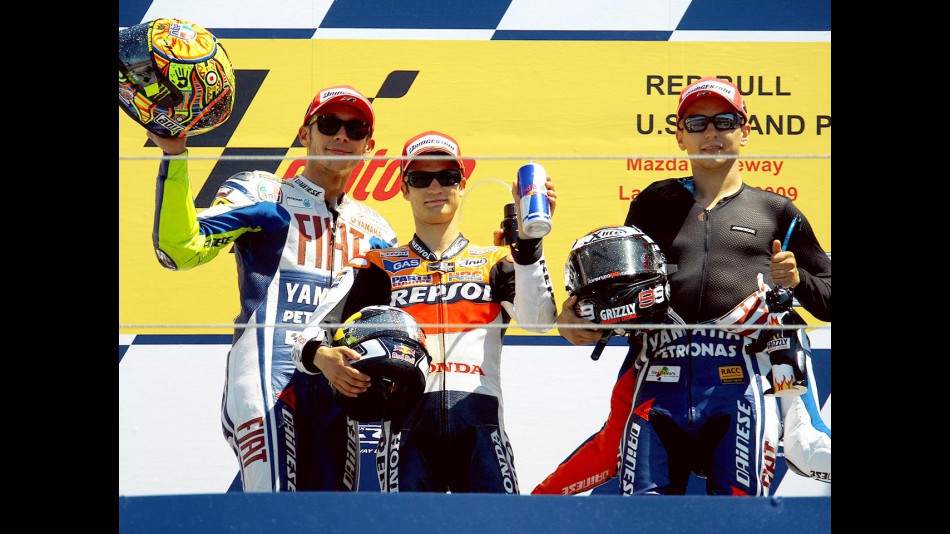 Valentino Rossi, Dani Pedrosa and Jorge Lorenzo on the podium at the Red Bull U.S. Grand Prix