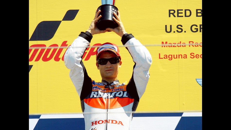 Dani Pedrosa on the podium at the Red Bull U.S. Grand Prix