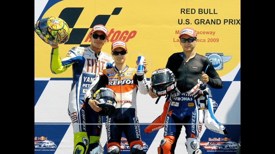 rossi, Pedrosa and Lorenzo on the podium at the Red Bull U.S. Grand Prix
