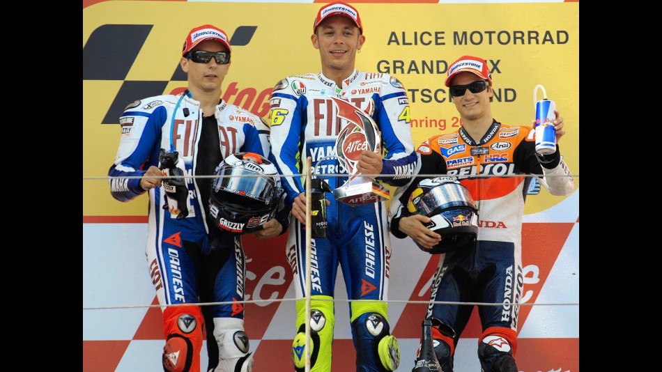 Jorge Lorenzo, Valentino Rossi and Dani Pedrosa on the podium in Sachsenring