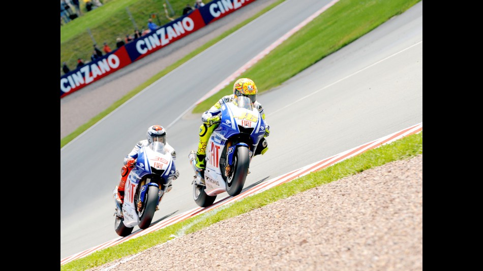 Yamaha riders Rossi and Lorenzo in action in Sachsenring